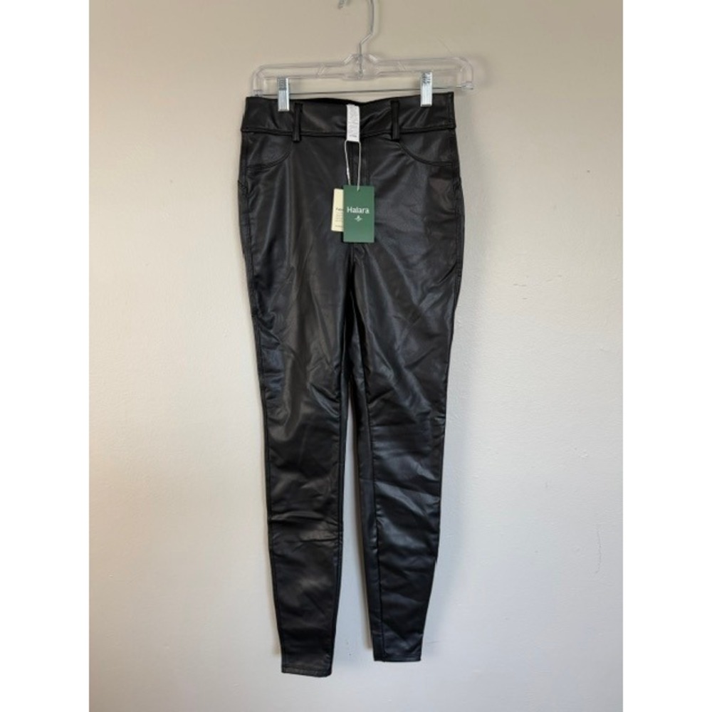 Halara Womens High Waisted Faux Leather Leggings Black Heart Back Seam Small